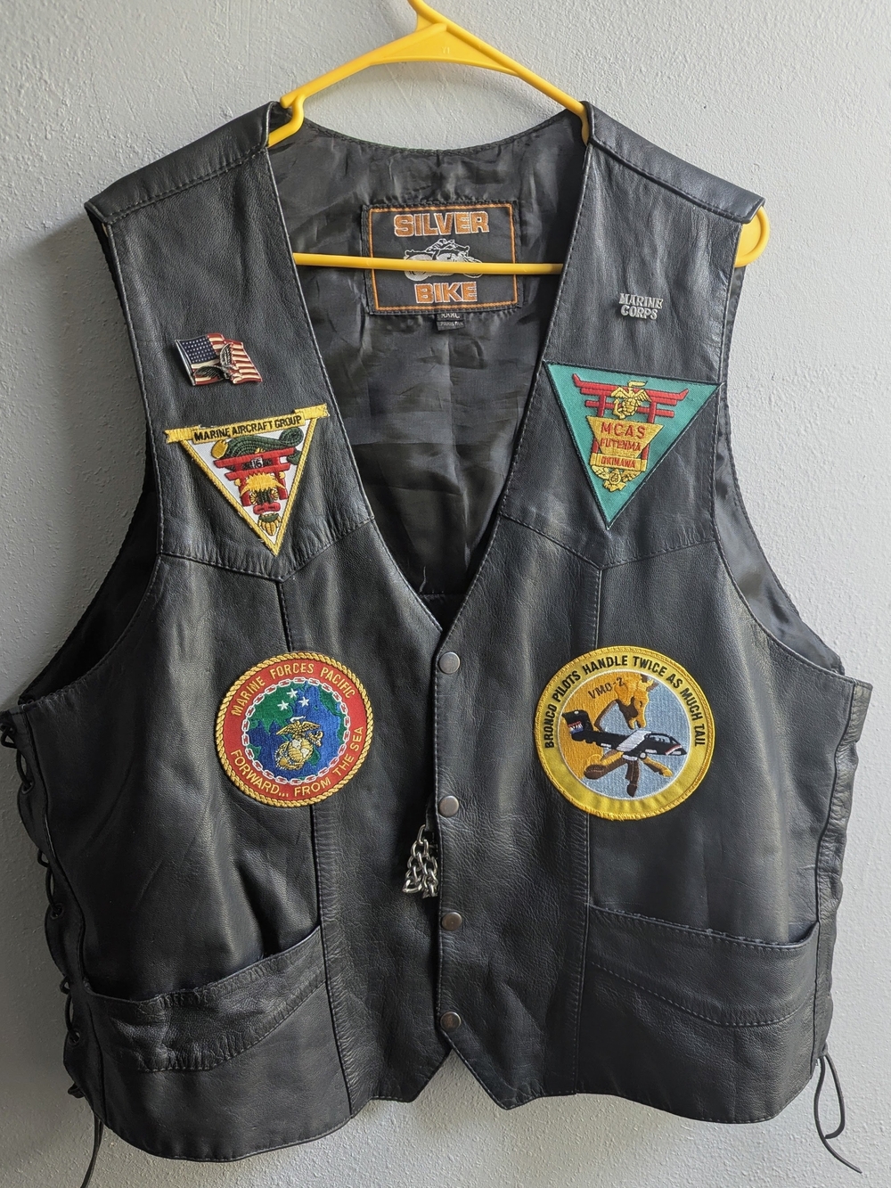 Vintage Real Leather Biker Vest w/ USMC Marine Corps Patches (3XL)